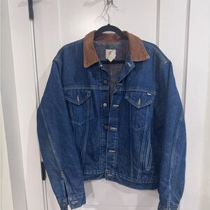 Vintage 90s Carhartt Blue Denim Blanket Jacket with Corduroy Collar Cowboy